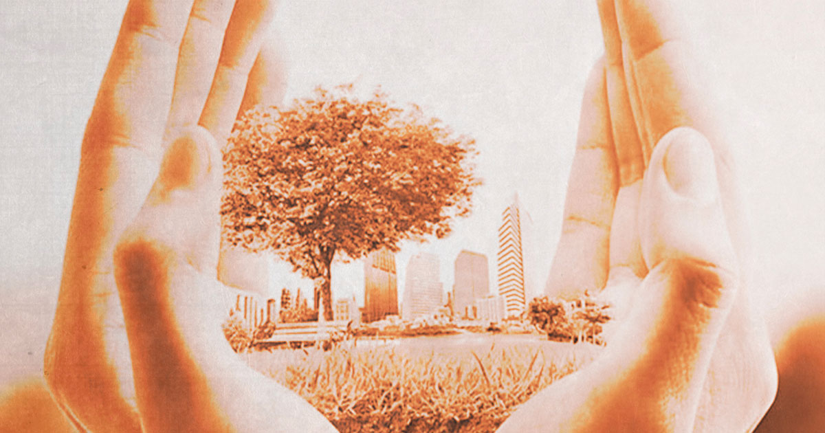 Hands holding a city park