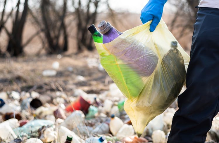Person picking up trash from park